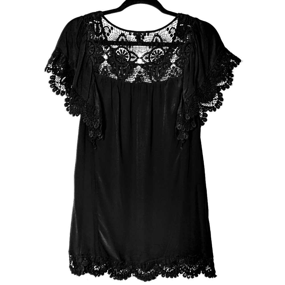 😺 Daniel Rainn Black Silk Blouse w/ Crochet Lace - Picture 2 of 7